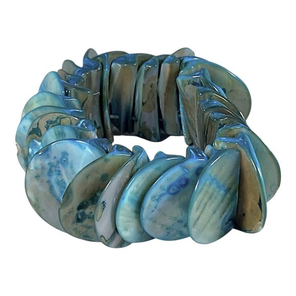 Chunky Bracelet S/M Blue MOP Shell Disc Boho Gypsy Lagenlook Resort Party VTG - Picture 1 of 11